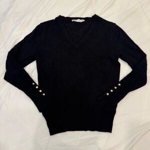Zara Black V-Neck Knit Sweater Gold Button Cuffs Viscose Blend Minimalist L